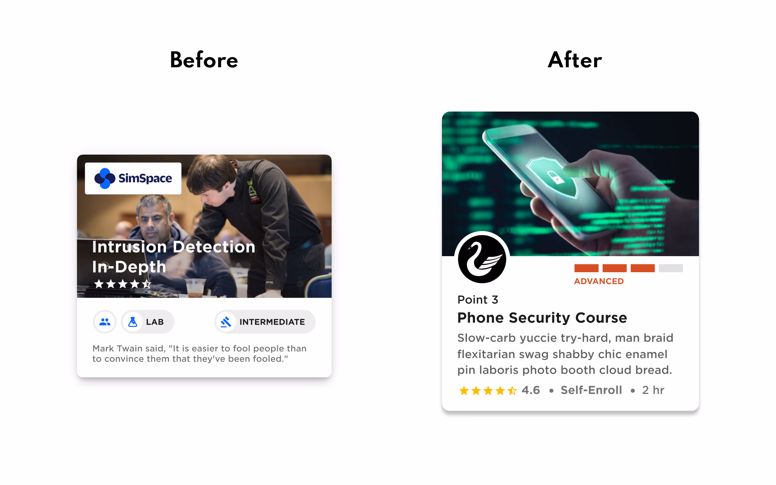 Before and after redesign of the training card component