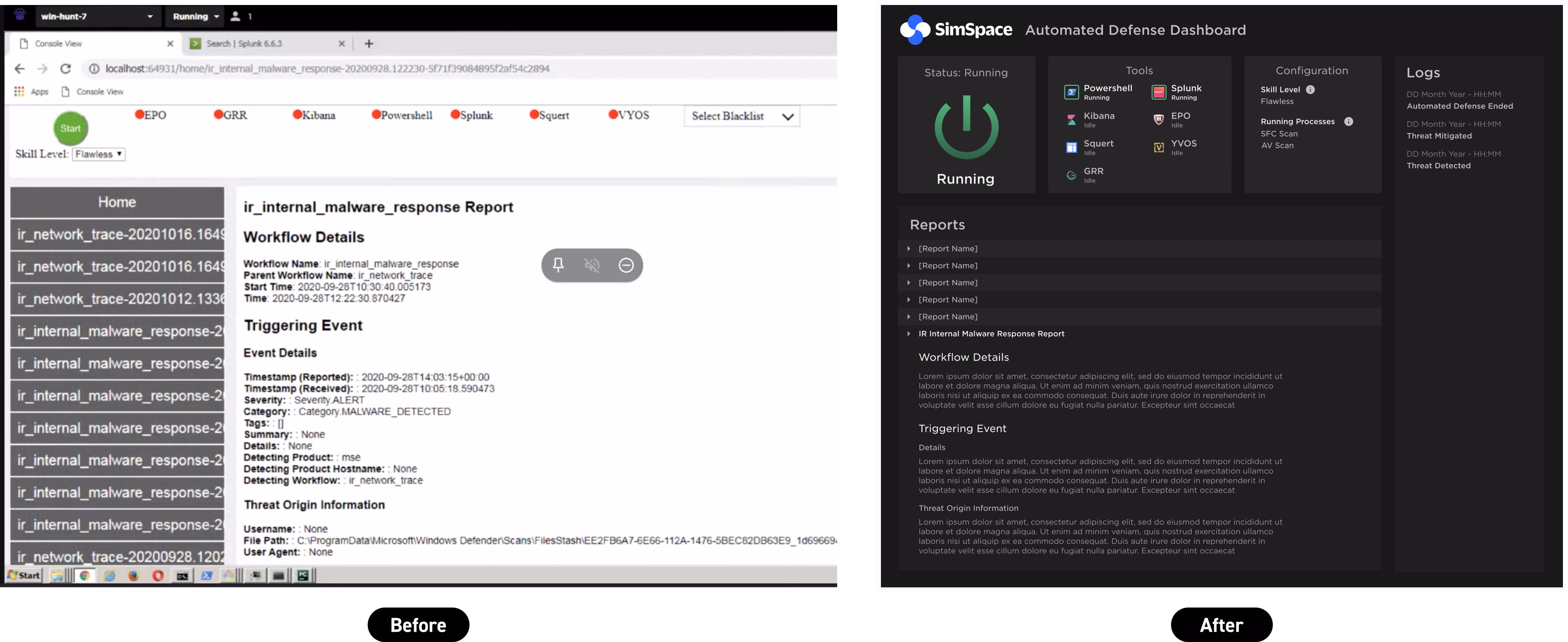 Before and after redesign of the Automated Defense Dashboard, from raw log dump to branded interface