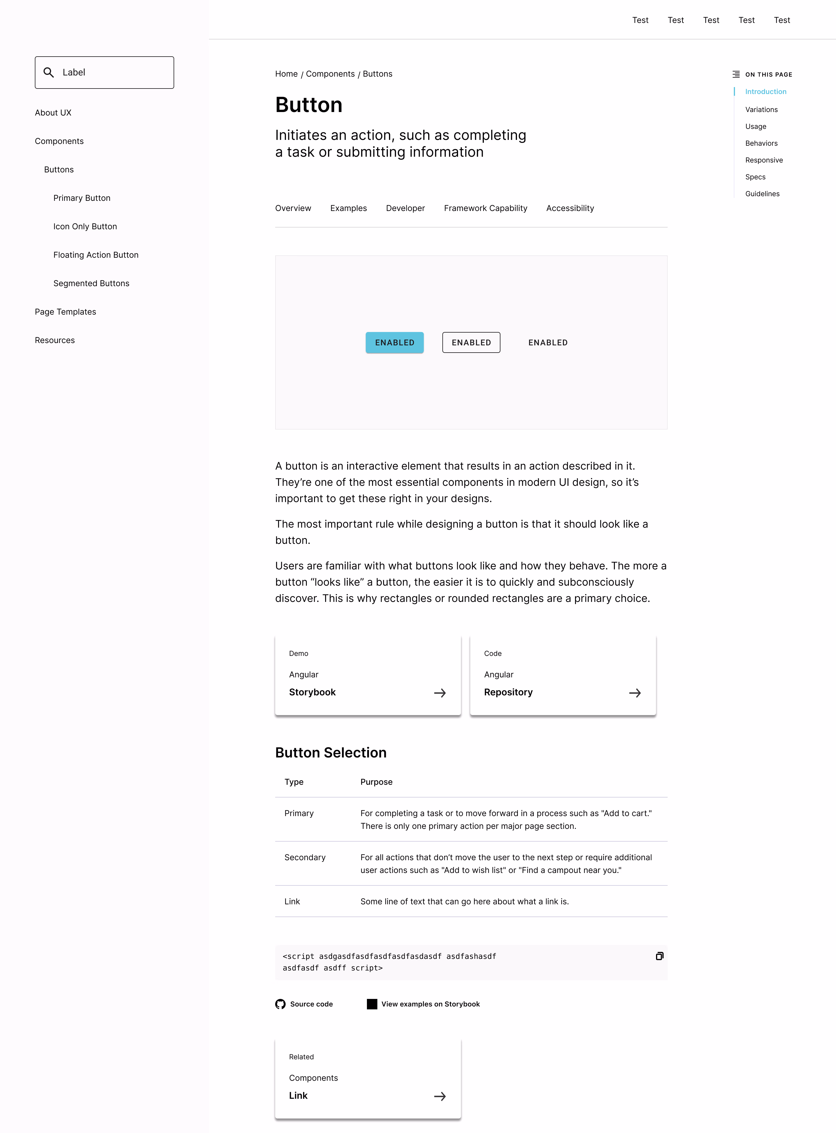 Button component documentation page with framework-specific code and usage guidance