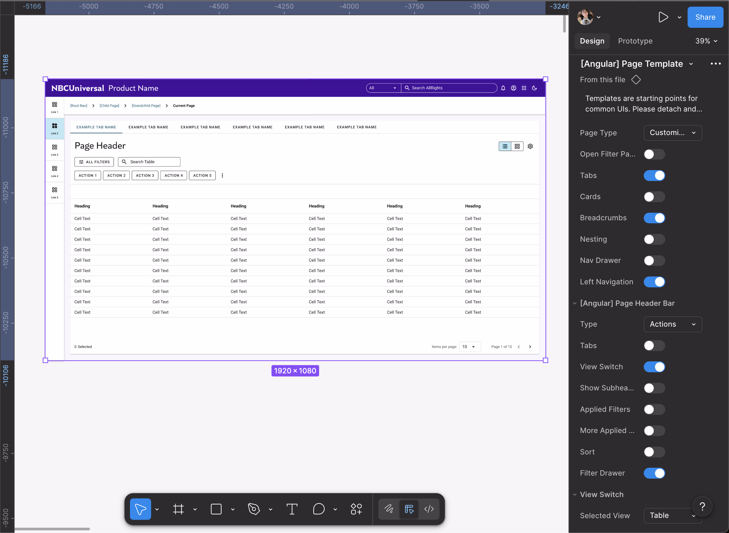 Angular page template in Figma with toggleable properties for tabs, cards, and navigation