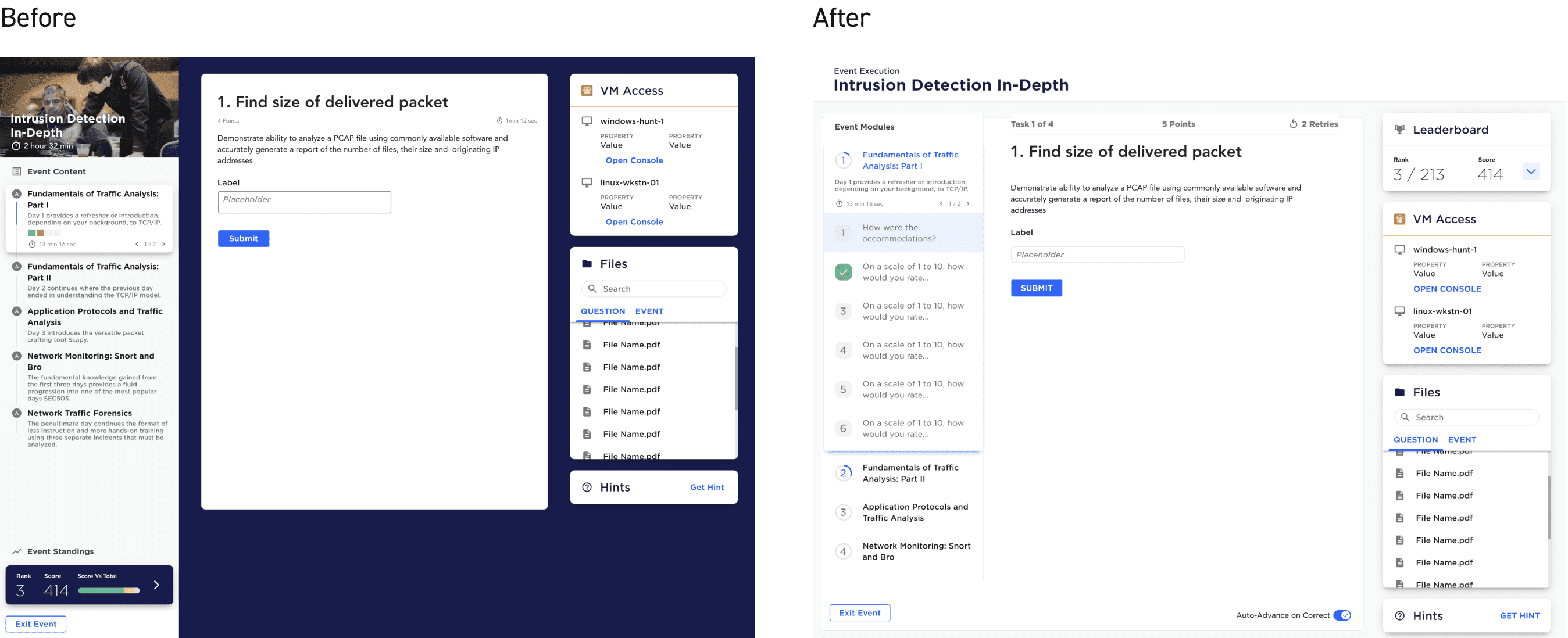 Before and after redesign of the Intrusion Detection In-Depth testing interface