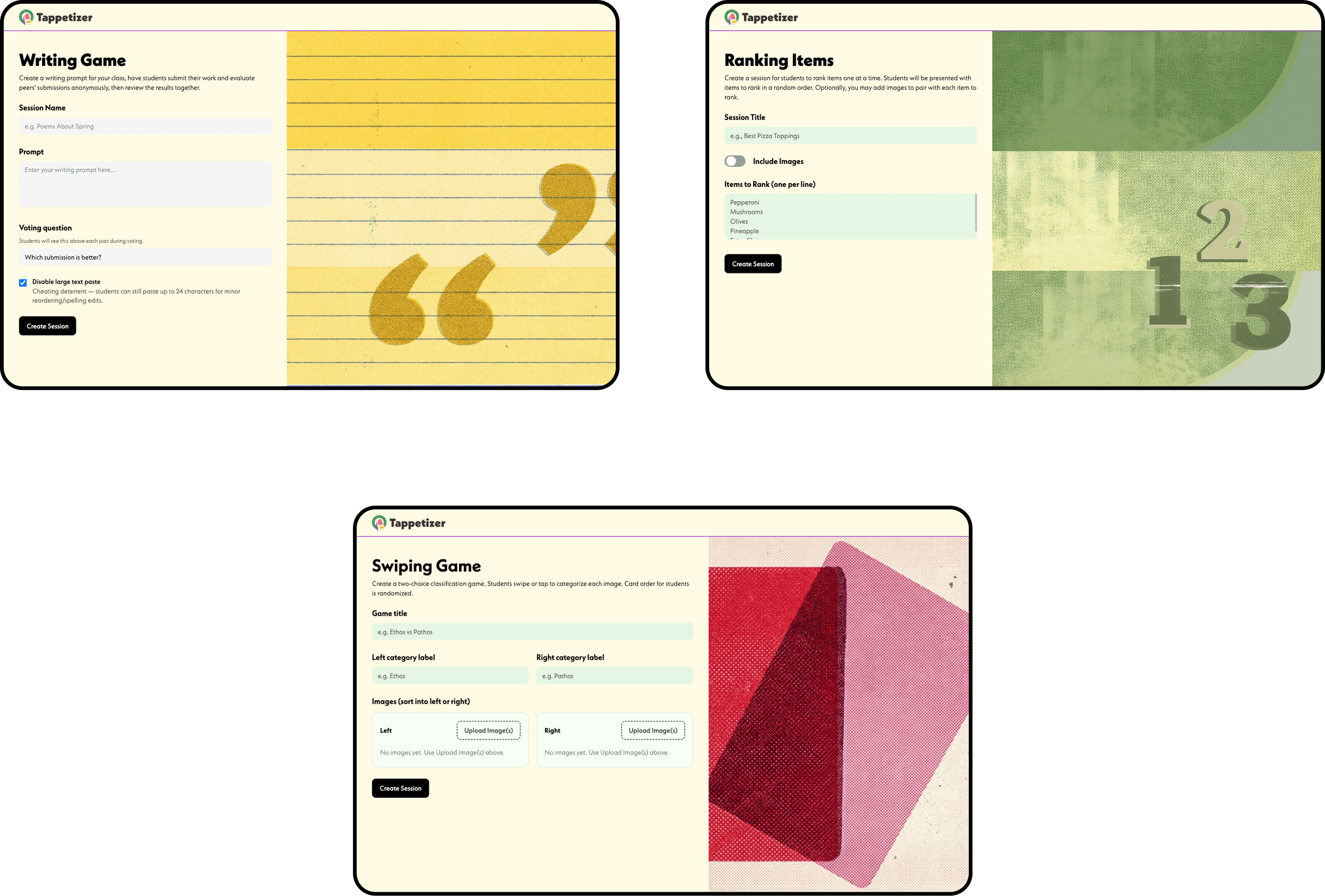 Tappetizer classroom minigames — writing, ranking, and swiping games